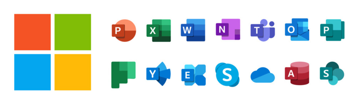 Microsoft office 365 windows app icon collection. Editorial vector illustration