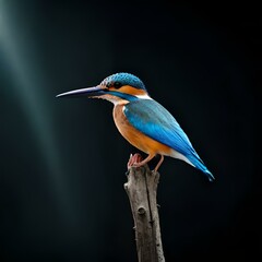 Fototapeta premium kingfisher on branch Common indian kingfisher with black background. Generative AI. 