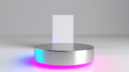 3D rendering silver base with modern neon stand for product presentation. Generative AI.