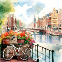 Watercolor Amsterdam cityscape with bridge over canal, bicycle and flowers