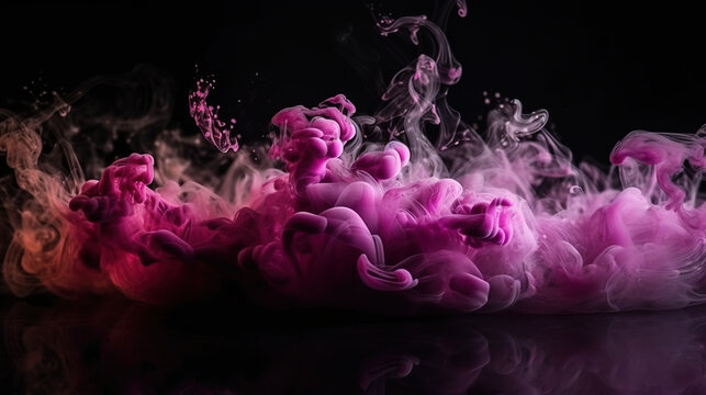 Color mist. Glitter smoke. Paint water splash. Magic spell. Bright pink purple color shiny smoke veil wave on black abstract art background. Generative AI