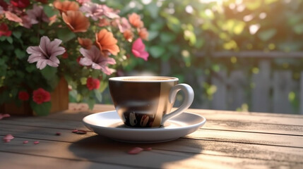 Coffee in cup on wooden table with flowers in spring season,Generative AI
