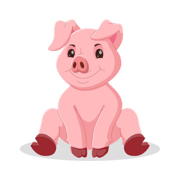 Cartoon funny pig sitting. Vector illustration