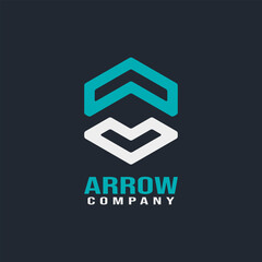 A blue and white arrow company logo