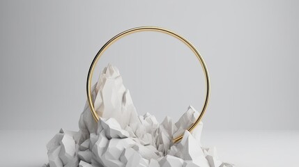 3d render, abstract white background with golden ring, round frame integrated into chalk rock stone, aesthetic minimalist wallpaper, Generative AI