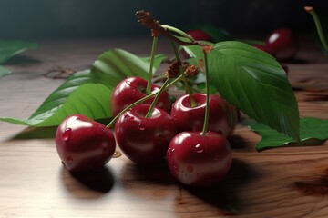 Cherries on a table Generative AI - obrazy, fototapety, plakaty