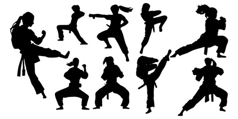 woman martial art silhouettes - obrazy, fototapety, plakaty