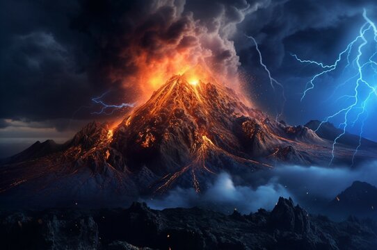 Tormenta eléctrica sobre un volcán en erupción
