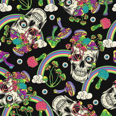 Pattern with rainbow, human skull like cup full of mushrooms Crazy mad skull with single eye and growing through skull mushrooms Surreal illustration for groovy, hippie, mystical, psychedelic design