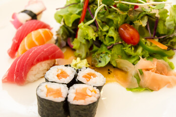 Salmon maki sushi with nigiri sushi and salad in background, shallow depth of field