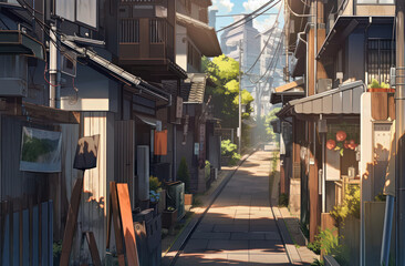 A narrow alley in a traditional Japanese town, Generative AI