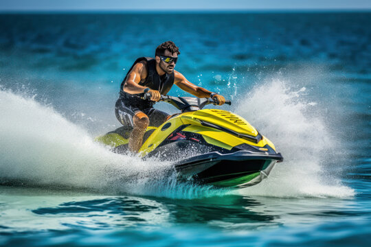 A man enjoying a jet ski in the summer sea, Generative AI
