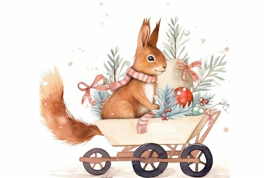 recommend clip art: design for Squirrel carries a cart with gifts. Christmas watercolor card, poster with wishes Happy Holidays generative ai