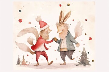design for Dancing couple of fairy tale characters and wishes for a Merry Christmas. Watercolor postcard generative ai