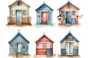 design for watercolor set of wooden beach houses. Illustration for postcards, wall decorations, sticker, magnet and other generative ai