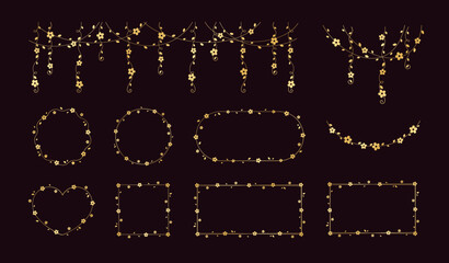 Gold vines frames and borders, golden hanging vine curtain design, botanical elements vector illustration set