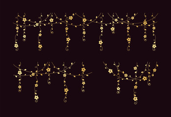 Gold vines frames and borders, golden hanging vine curtain design, botanical elements vector illustration set