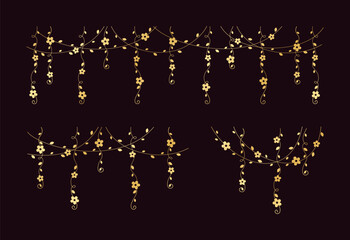 Fototapeta premium Gold vines frames and borders, golden hanging vine curtain design, botanical elements vector illustration set