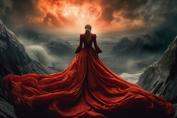 A powerful sorceress stands at the peak of a mountain during a raging storm.