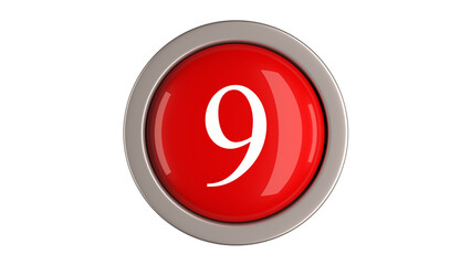 Red Button 3d with Number 9 white color  on top, 3d button PNG isolated white background
