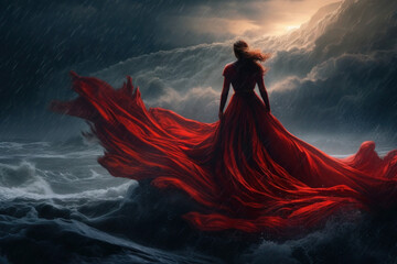 A powerful sorceress stands at the peak of a mountain during a raging storm.