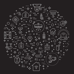 Fototapeta na wymiar Simple Set of smart home and devices Related Vector Line Illustration. Contains such Icons as house, hub, door lock, sensor, control, smart watch, lighting, washing machine and Other Elements.