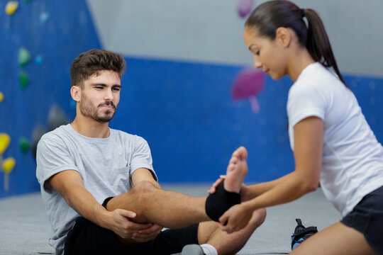 indoor climber suffering with a sprained ankle injury