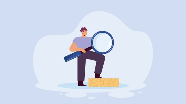 male worker with magnifying glass animation