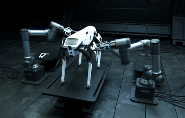 A robotic arm is assembling a robotic dog in a factory.