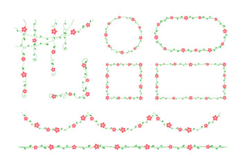 Vines with red flowers frames and borders, hanging vine curtain design, botanical elements vector illustration set