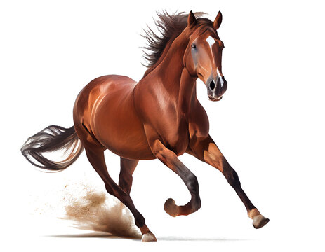 Photo realistic brown horse running on a transparent background (PNG). Generative AI.