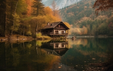 a wood cottage is located on a lake in the mountains