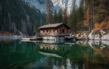 a wood cottage is located on a lake in the mountains
