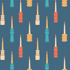 Seamless pattern of wax candles in beautiful multicolored candlesticks made of wood, geometric shape.
