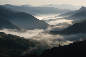 design for Mountain landscape at dawn with fog and tonal perspective. generative ai