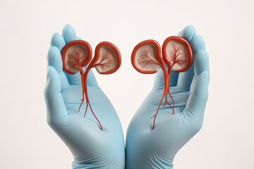 design for Human kidneys between two palms of hand on white isolated background. Concept of a healthy kidneys. generative ai