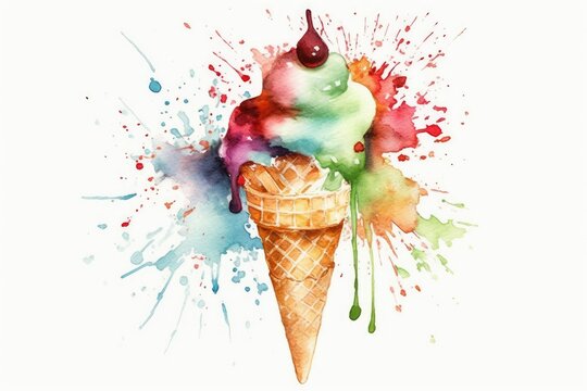 design for Watercolor ice cream cone with paint splashes. Bright illustration for greeting cards; poster, t shirts etc. generative ai