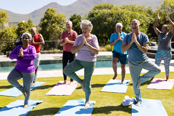 Happy diverse senior friends practicing yoga standing in sunny garden
