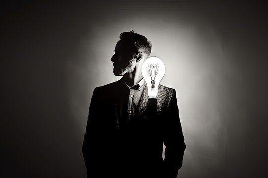 design for The concept of a new idea. Image of a man in a business suit with a cut out silhouette of an incandescent lamp. Black and white, toned. generative ai