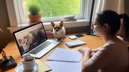 Woman work from home using a laptop for teleconference with her teammates. Generative AI