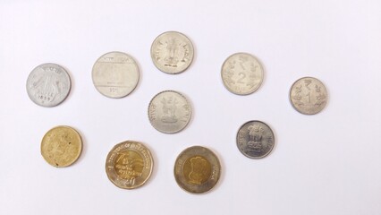 All kinds of Indian currency coins background. Collection of Indian coins 