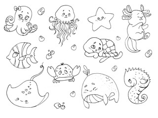 vector coloring page with cute cartoon Sea animals