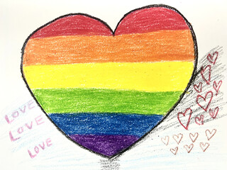 Hand drawn with chalk pencil of rainbow heart