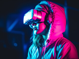Into the Future: Neon-lit Virtual Reality Gaming Session - AI-Generated