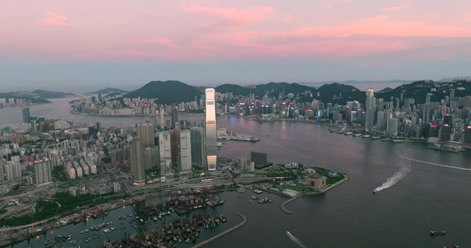 Beautiful Pink Sky Over West Kowloon and Hong Kong Island, Cinematic Wide Angle shot of,  After sunset