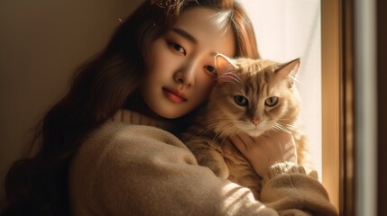 young Korean Woman people hold a cat in the hands, looking and smiling, creating a cozy afternoon in the bedroom, can and people relationship, AI generative