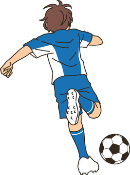 A back shot of a football player dribbling the ball