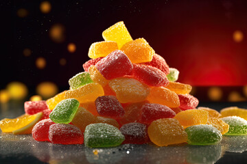 Fototapeta na wymiar Heap of colorful fruit marmalade candies, dark background