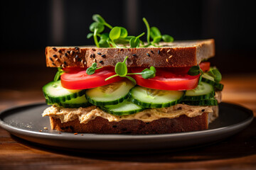 Vegan sandwich with hummus, cucumber, tomato and microgreens. Generative Ai content