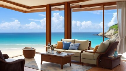 Fototapeta na wymiar Relaxing by the Sea on Comfortable Sofa with Stunning Seascape View happy life